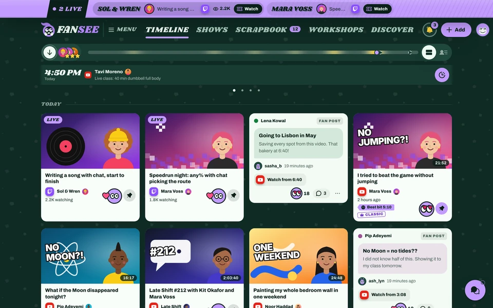 Fansee timeline on desktop web